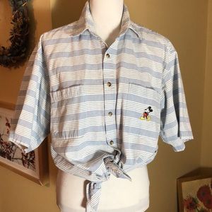 Vintage WALT DISNEY sz Medium Buttonfront Stripe Embroidered Mickey Mouse Cotton
